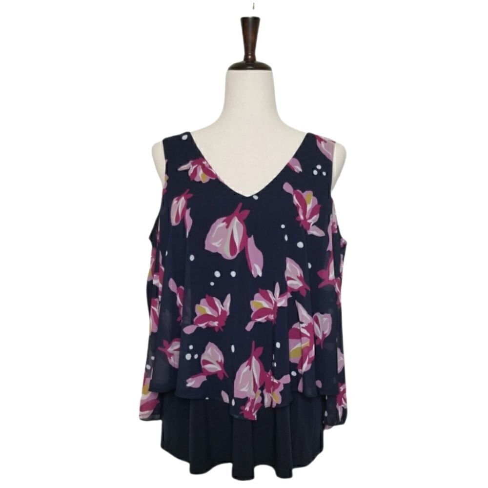 Ellen Tracy Navy Blue Floral Cold Shoulder Double V-neck Layer Blouse Size S